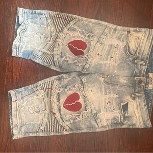 Distressed Denim Shorts with Red Heart Patches